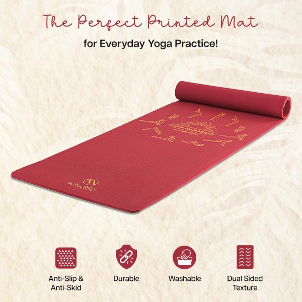 Wiselife tpe Printed 6MM Yoga Mat + Yoga Strap For Men, Women, Kids|Anti-Slip Extra thick, long & Wide Exercise Sports Mat For Workout, Fitness, Yoga, Gym, Home & Pilates (Wine Surya Namaskar) - Image 2
